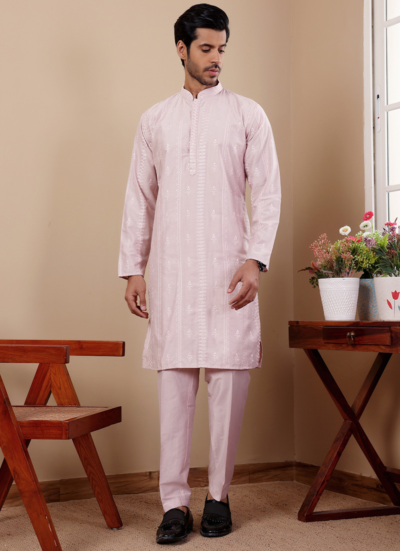 Light Pink Silk Thread Embroidered Kurta Pyjama Festive Wear
