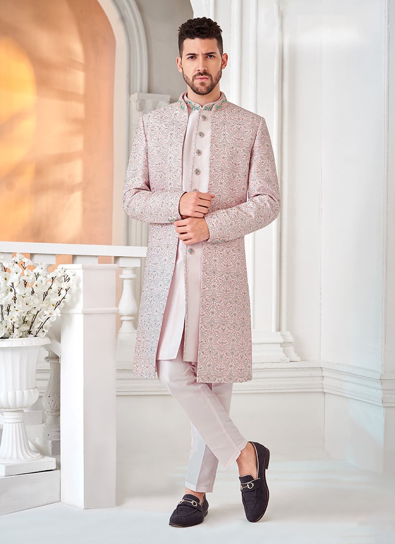 Light Pink Silk Thread Hand Work Indowestern Sherwani Wedding Wear