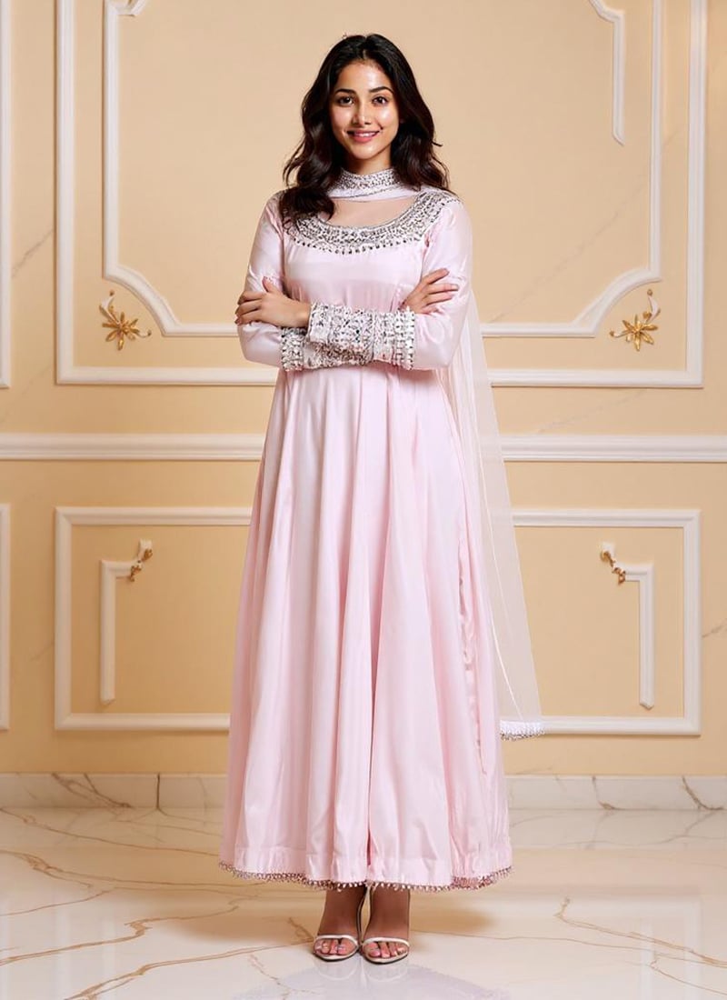 Light Pink Silk Zari And Mirror Hand Embroidered Anarkali Suit Festive Wear