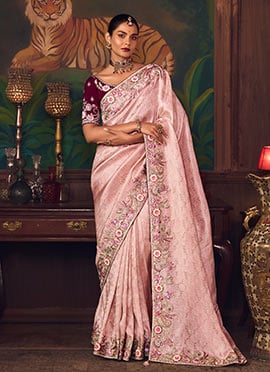 Light Pink Silk Zari Embroidered Sequins Beads Stones Thread Saree