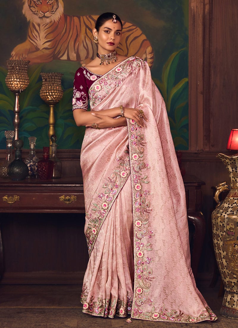Light Pink Silk Zari Embroidered Sequins Beads Stones Thread Saree Wedding Wear