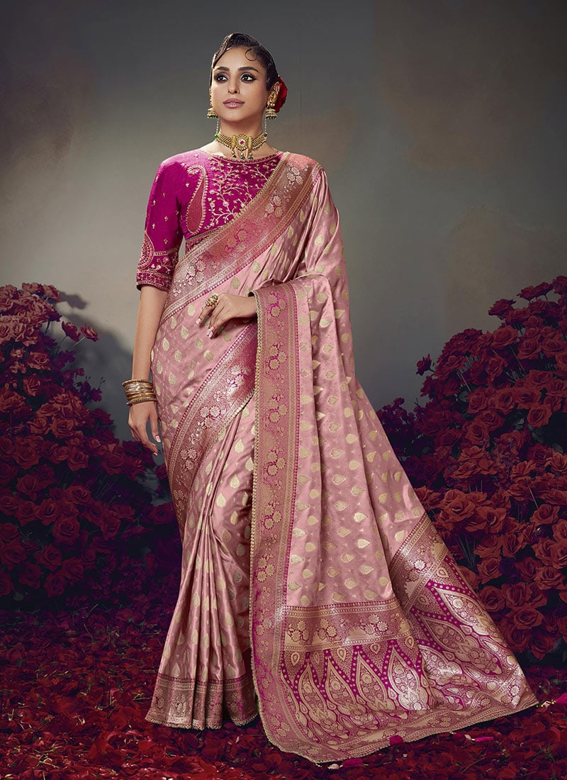 Light Pink Silk Zari Embroidered Sequins Jacquard Saree Festive Wear