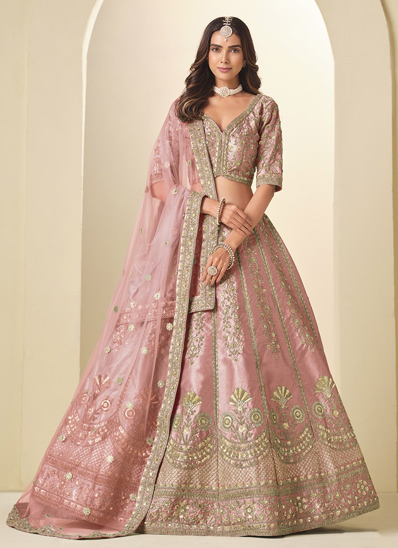 Light Pink Silk Zari Embroidered Sequins Lehenga Wedding Wear