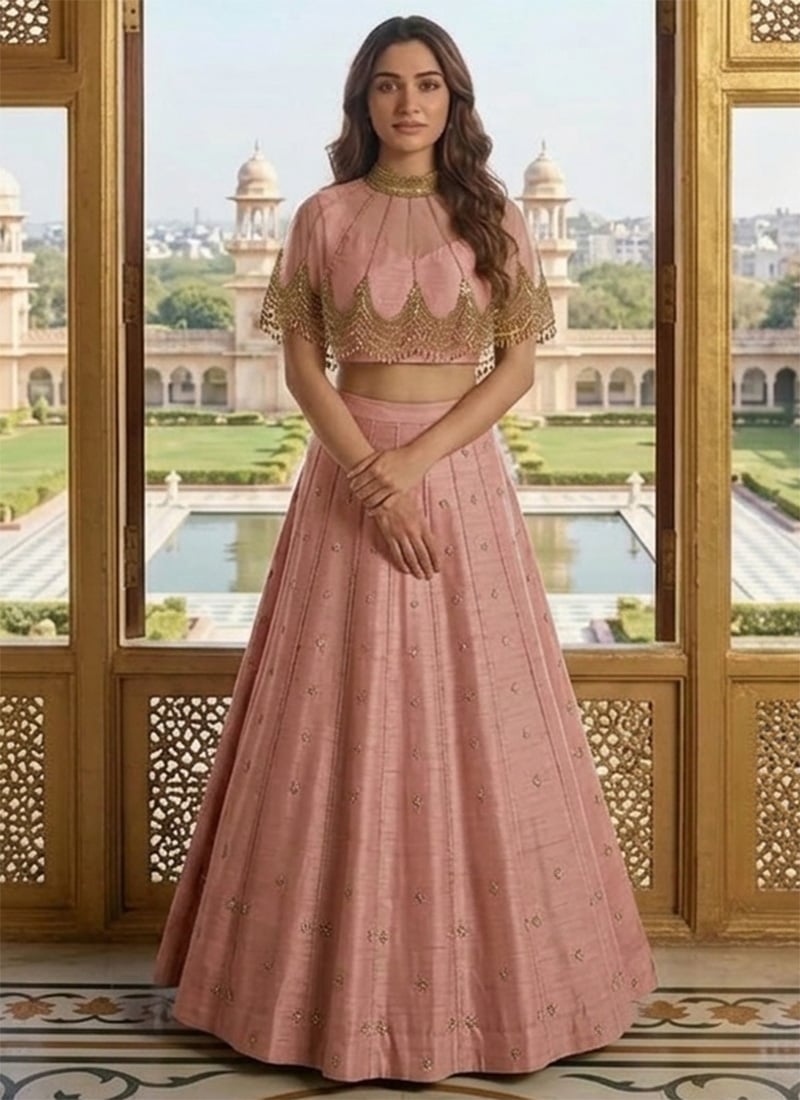 Light Pink Silk Zari Sequins Hand Embroidered Cape Skirt Set Wedding Wear