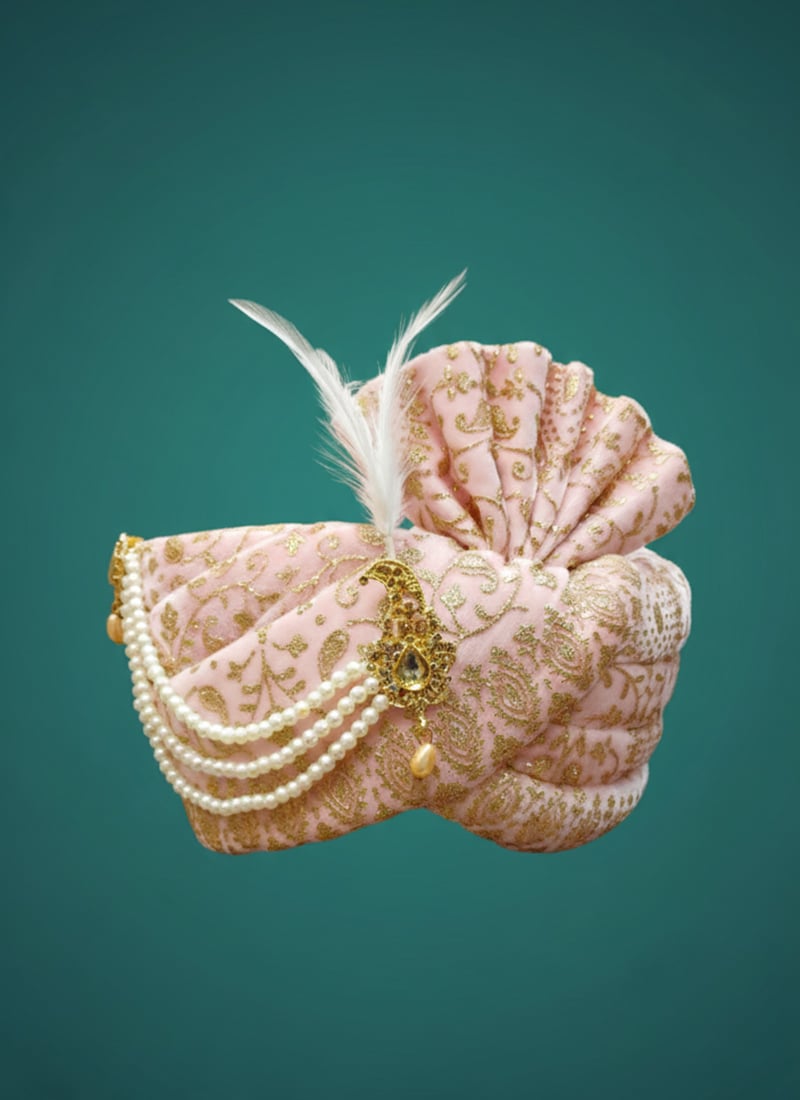 Light Pink Soft Net Zari Embroidered Sequins Turban With Brooch