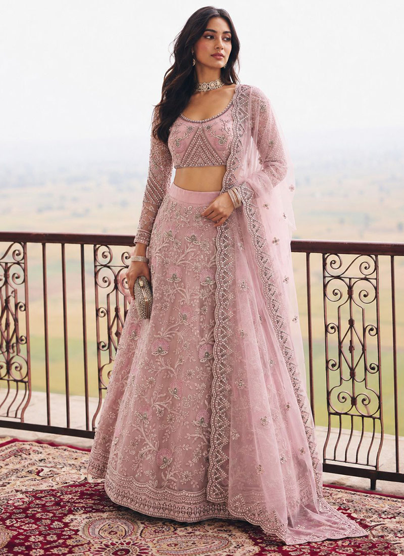 Light Pink Thread Embroidered Soft Net Lehenga Wedding Wear