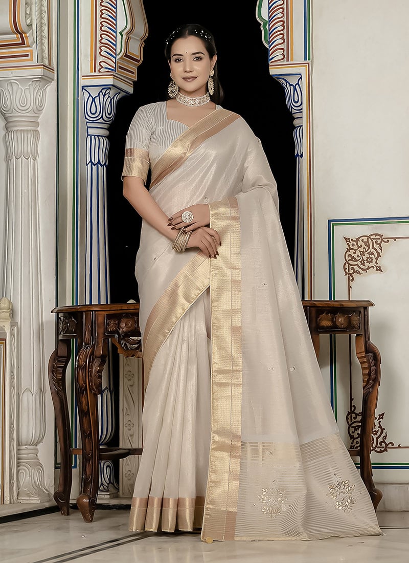 Light Pink Tissue Linen Hand Embroidered Zari Saree