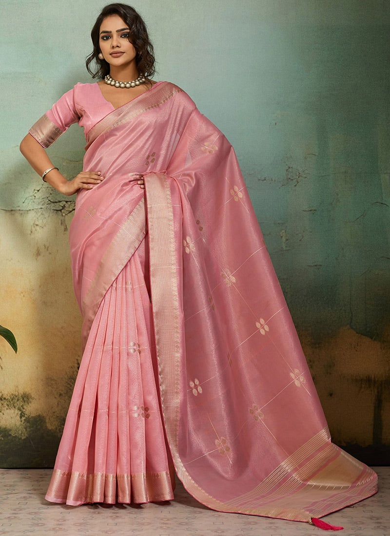 Light Pink Tissue Linen Zari Woven Saree Festive Wear
