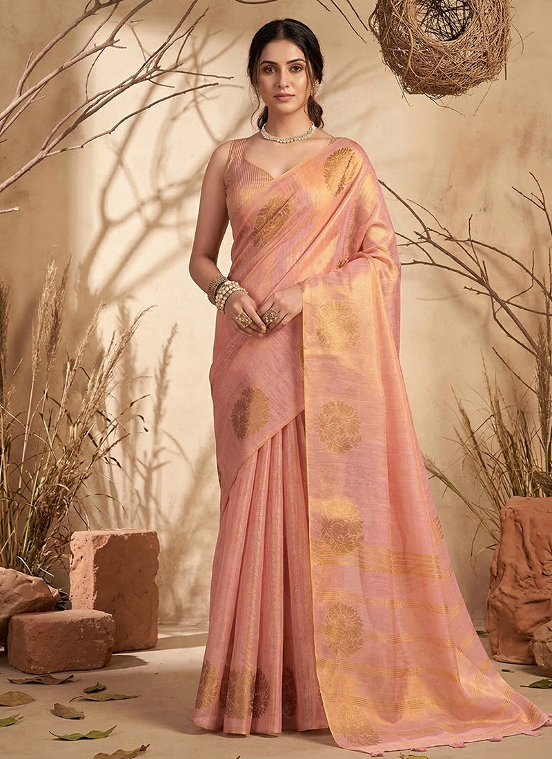Light Pink Tissue Silk Zari Jacquard Woven Saree Festive Wear