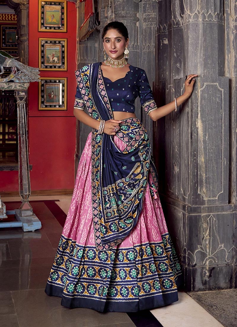 Light Pink Tussar Silk Ikat Print Umbrella Lehenga Festive Wear