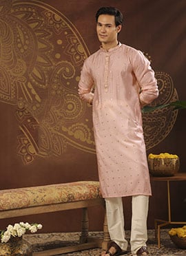 Light Pink Viscose Embroidered Kurta Pyjama For Men