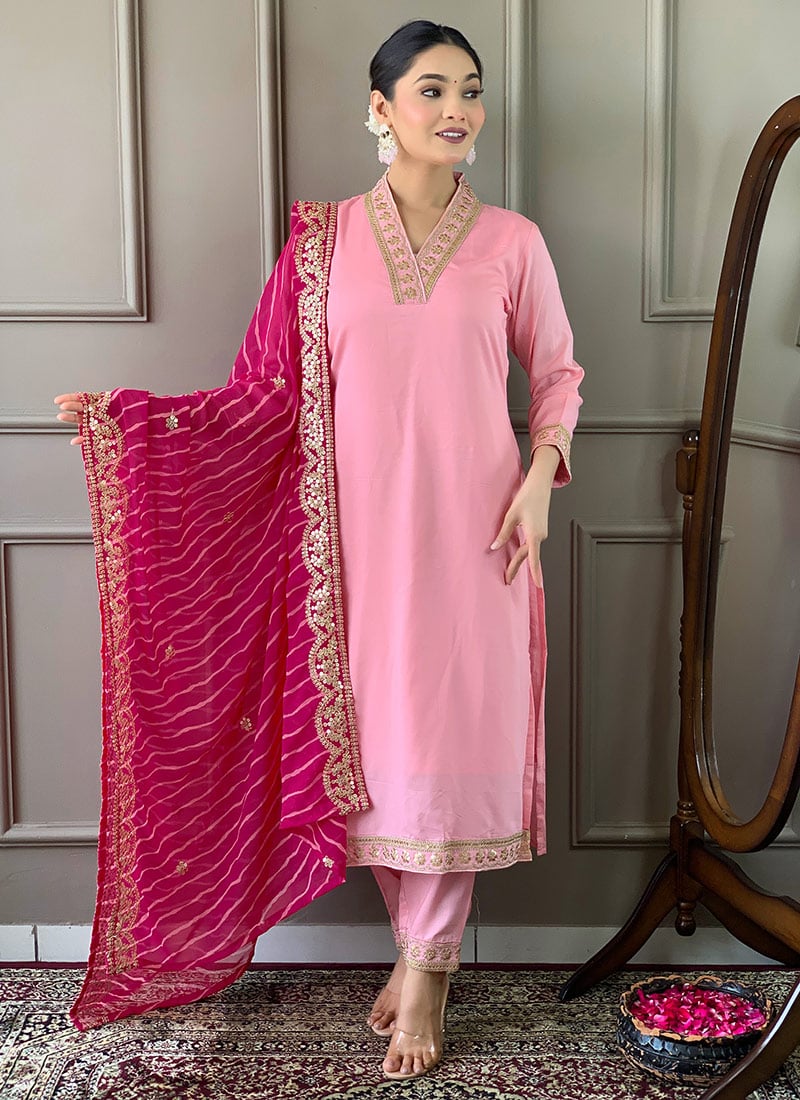 Light Pink Viscose Silk Embroidered Sequins Ravishing Straight Pant Suit