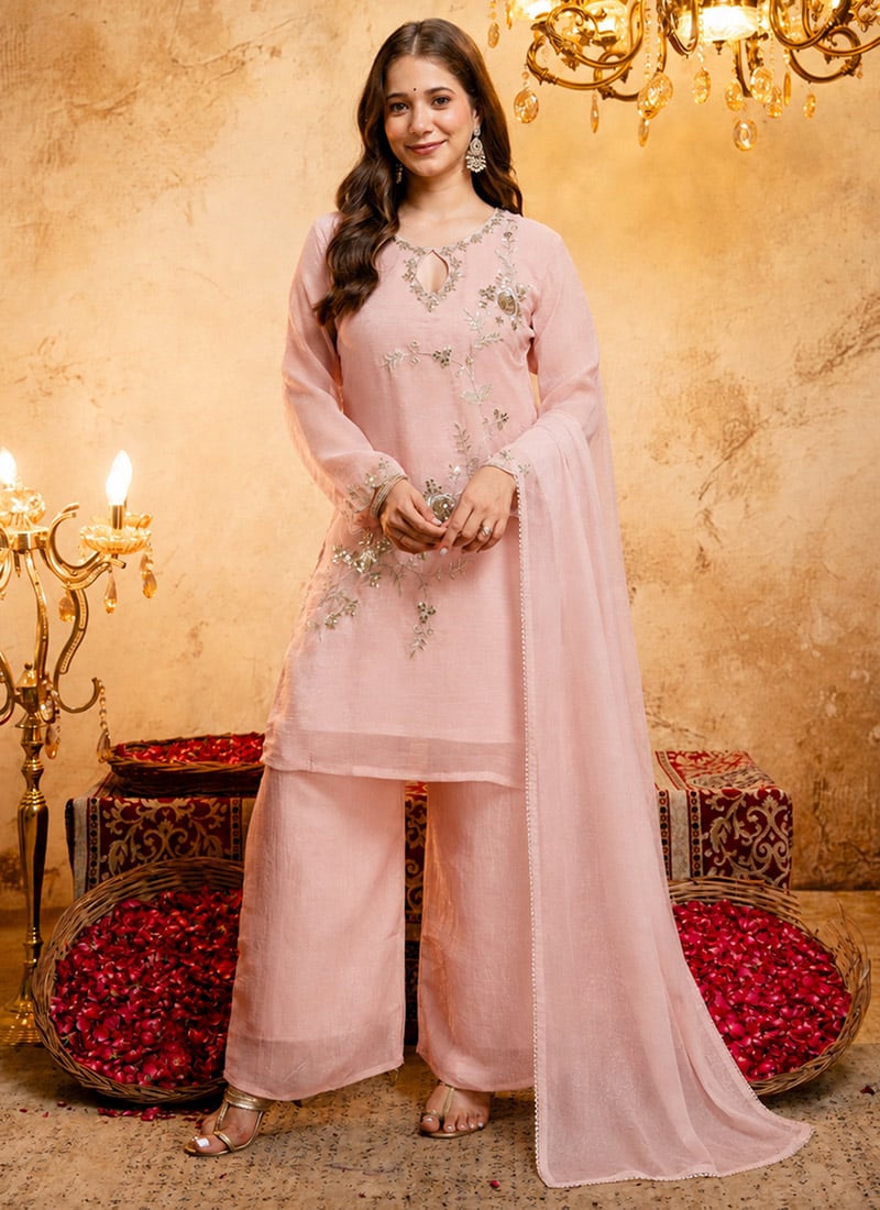 Light Pink Zari Embroidered Sequins Silk Palazzo Suit Festive Wear