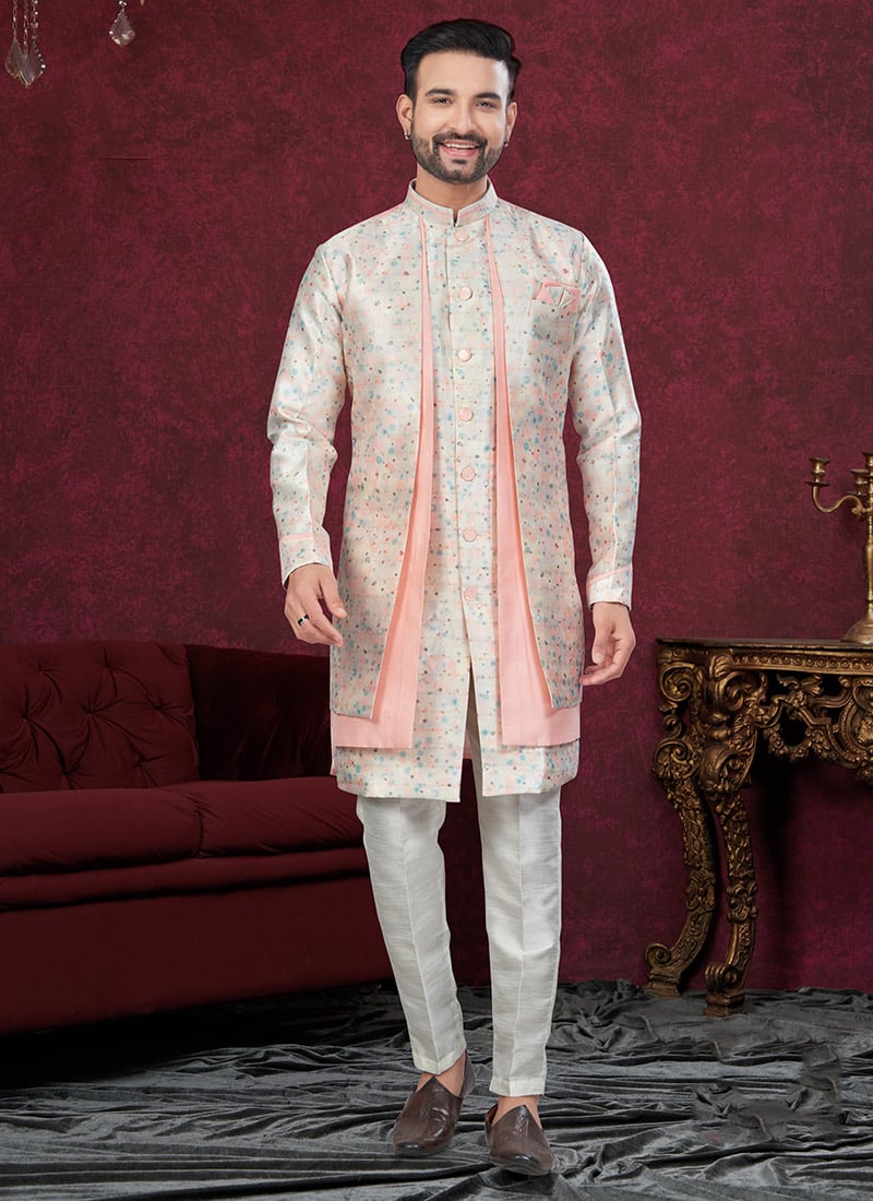 Light Pink Zari Jackard Banarasi Silk Thread Work Indowestern Sherwani Wedding Wear