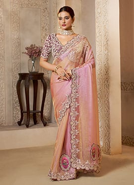 Light Pink Zari Organza Silk Hand Embroidered Sequins With Stone Work Saree