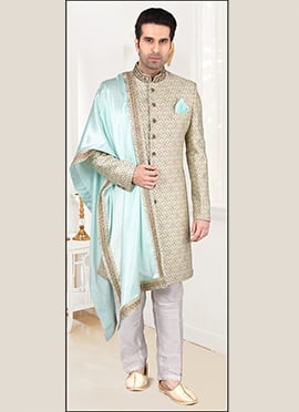 Light Pista Banarasi Brocade Classic Sherwani