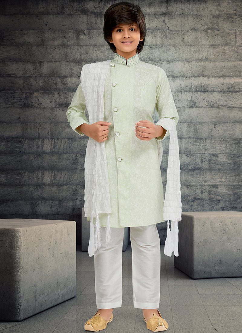 Light Pista Green Cotton Kids Boys Indowestern Sherwani Festive Wear