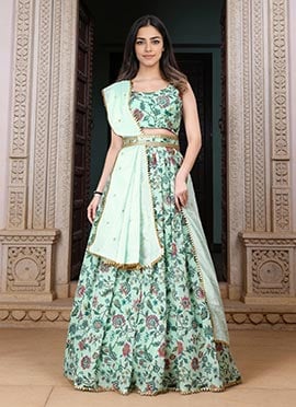 Light Pista Green Faux Georgette Digital Print A Line Lehenga