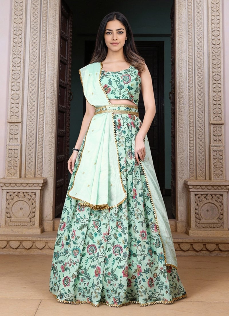 Light Pista Green Faux Georgette Digital Print A Line Lehenga Wedding Wear