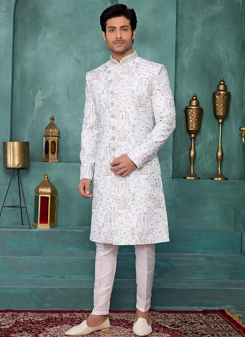 Light Pista Green Silk Sequins Embroidered Stones Thread Indowestern Sherwani Wedding Wear