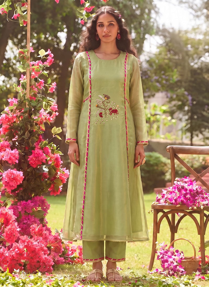 Light Pista Green Tissue A-Line Kurta Set Motif Embroidery Festive Wear