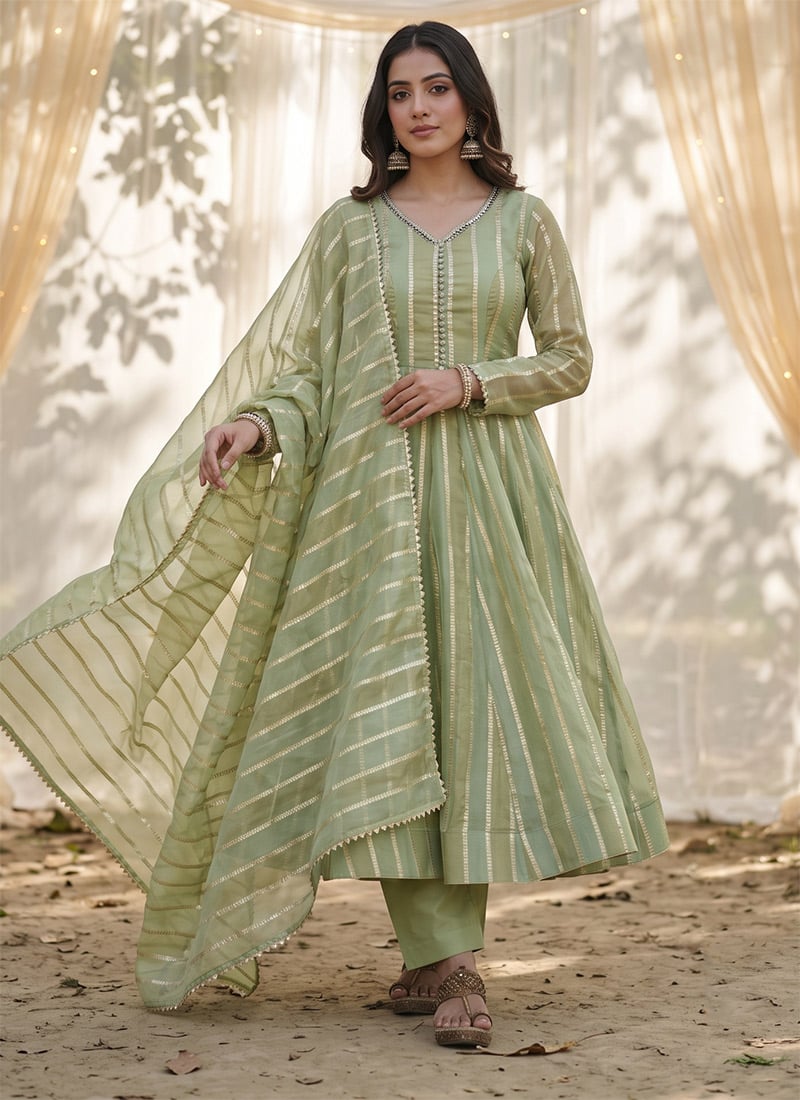 Light Pista Green Viscose Jacquard Anarkali Suit Festive Wear