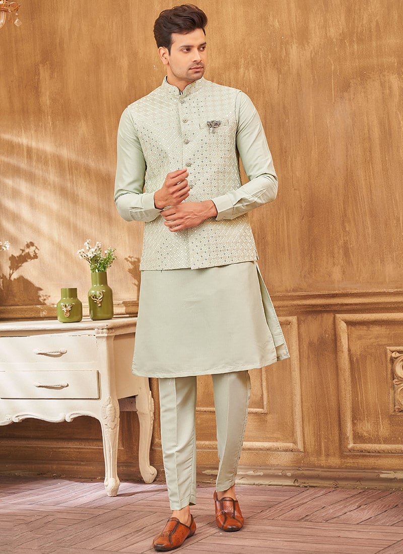 Light Pista Silk Embroidered Sequins Bandi Set Festive Wear
