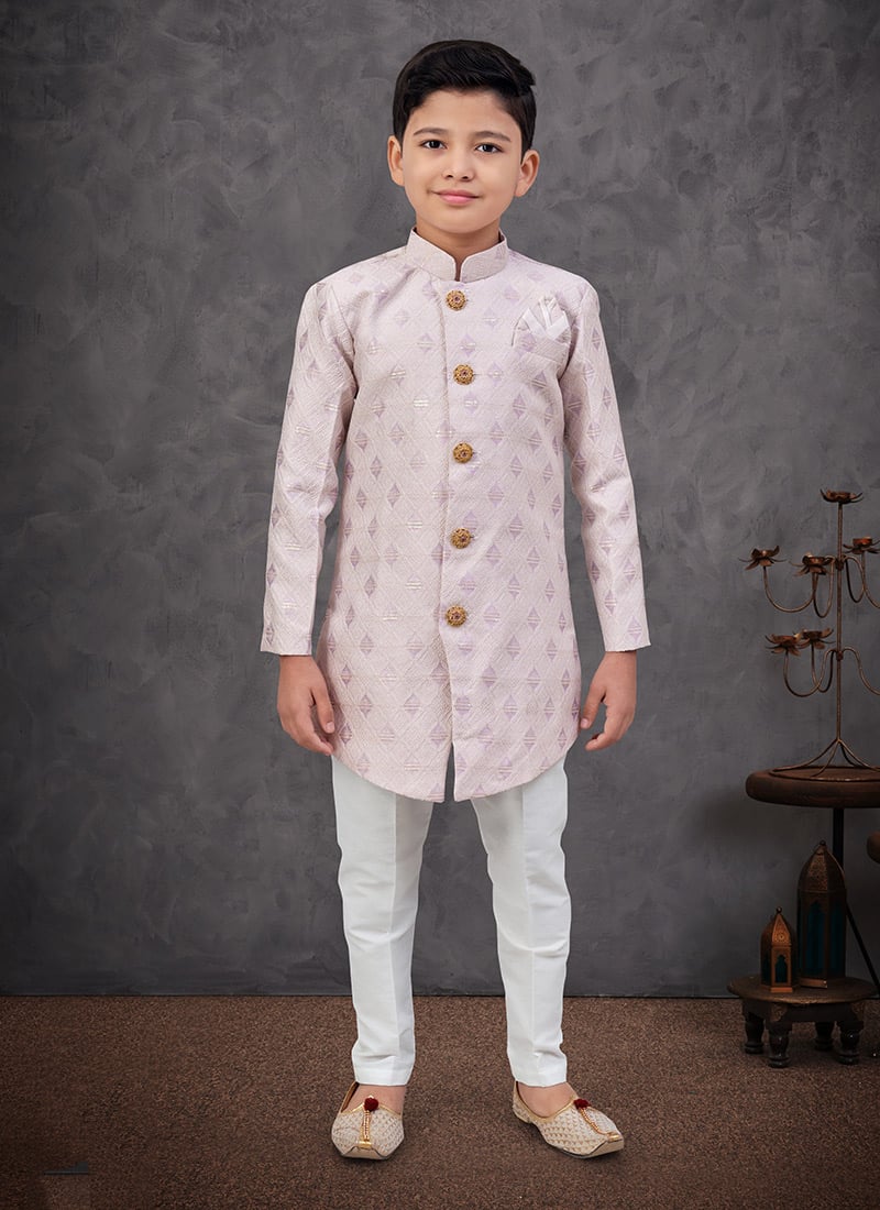 Light Purple Banarasi Silk Zari Jacquard Embroidered Sequins Boys Indowestern Sherwani Wedding Wear