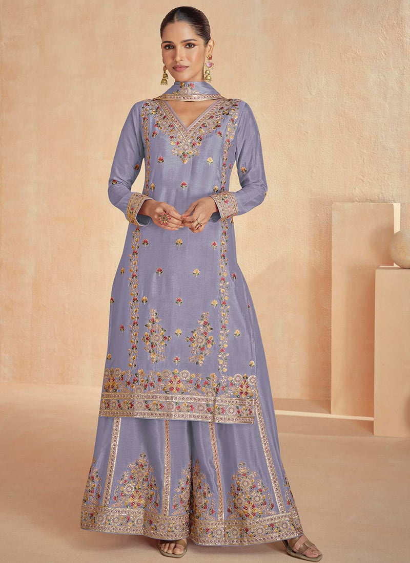 Light Purple Chinon Silk Embroidered Sequins Palazzo Suit