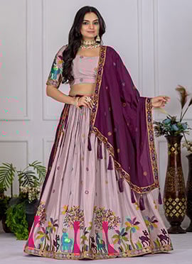 Light Purple Chinon Silk Thread Embroidered Sequins Lehenga