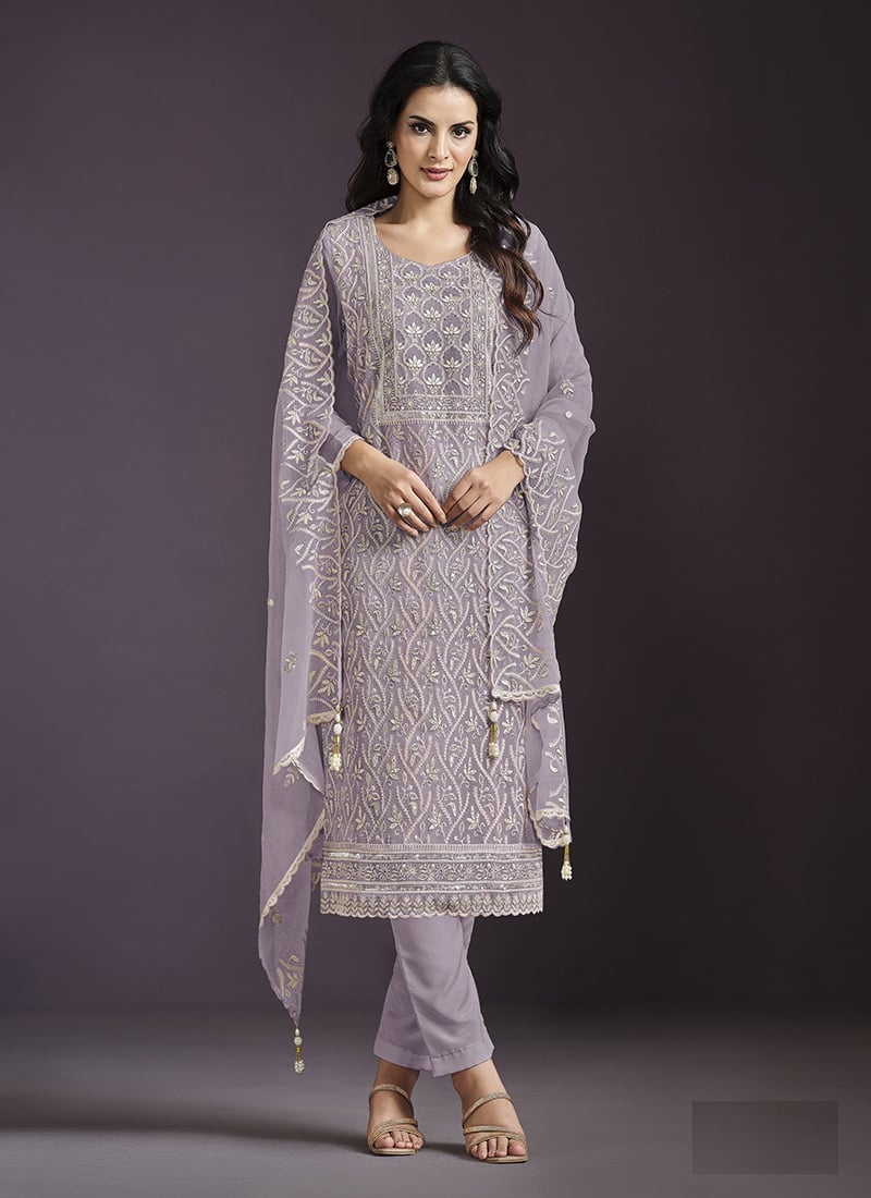 Light Purple Chinon Zari Embroidered Sequins Pakistani Straight Pant Suit Festive Wear