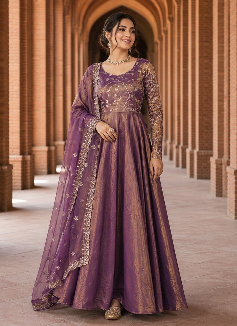 Light Purple Cosmos Silk Embroidered Anarkali Suit After Six Wear