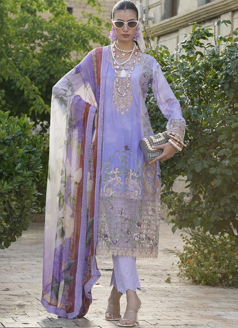 Light Purple Cotton Embroidered Ravishing Straight Pant Suit Festive Wear-SLSCC55256507