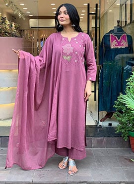 Light Purple Cotton Embroidered Straight Pant Suit