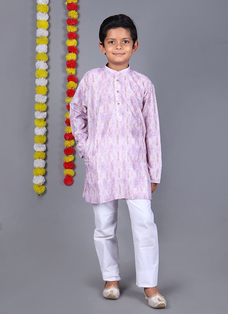 Light Purple Cotton Printed Kids Boys Kurta Pyjama Festive Wear