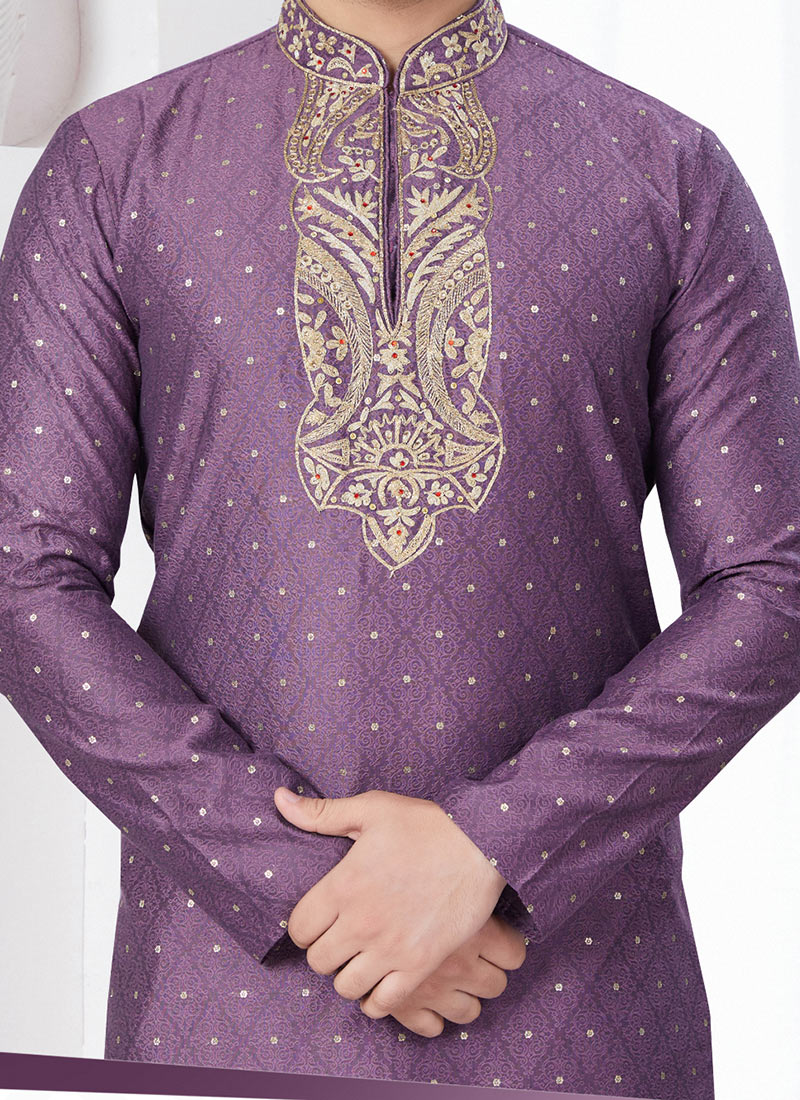 Men Purple Woven Design Cotton Kurta Pyjama Set