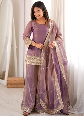 Light Purple Embroidered Sequins Chanderi Palazzo Suit