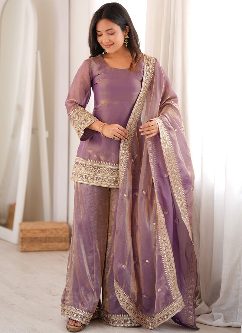 Light Purple Embroidered Sequins Chanderi Palazzo Suit Festive Wear