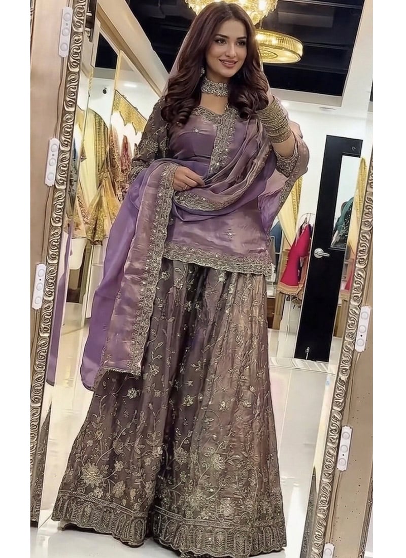 Light Purple Fandy Silk Embroidered Sharara Suit After Six Wear