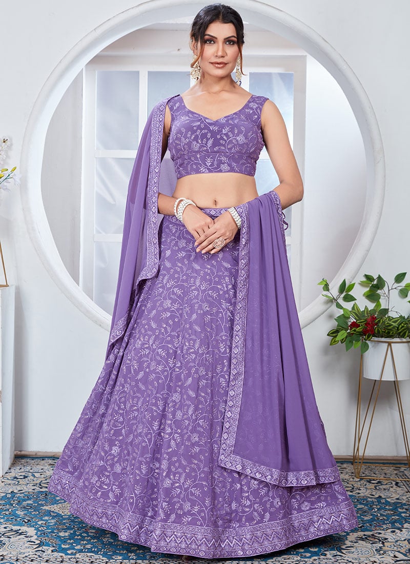 Light Purple Faux Georgette Embroidered Regal Lehenga