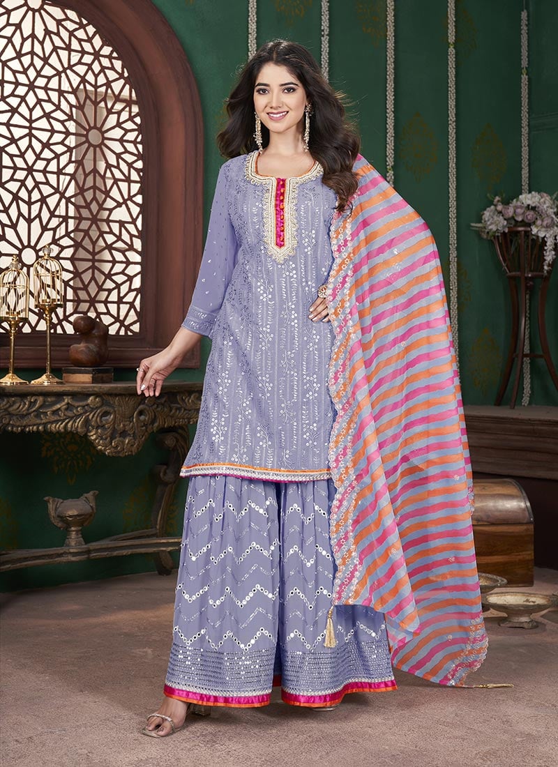 Light Purple Faux Georgette Embroidered Sequins Sharara Suit Festive Wear