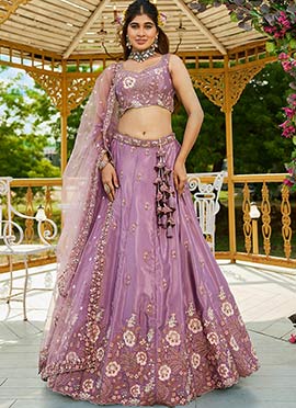 Light Purple Green Satin Embroidered Sequins Lehenga