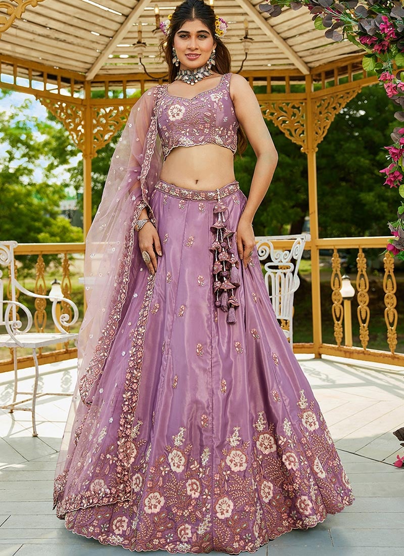 Light Purple Green Satin Embroidered Sequins Lehenga