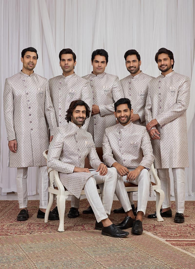Light Purple Jacquard Silk Indowestern Sherwani Wedding Wear