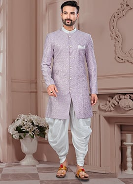 Light Purple Kora Shine Silk Thread Embroidered Indowestern Dhoti Style Sherwani