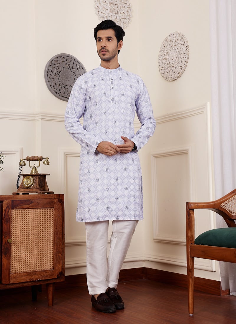 Light Purple Linen Embroidered Kurta
