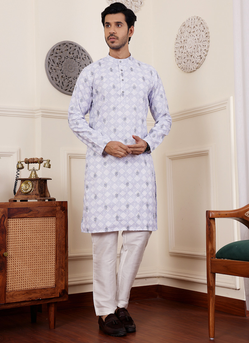 Light Purple Linen Embroidered Kurta Pyjama Festive Wear