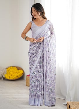 Light Purple Moss Satin Floral Digital Print Saree