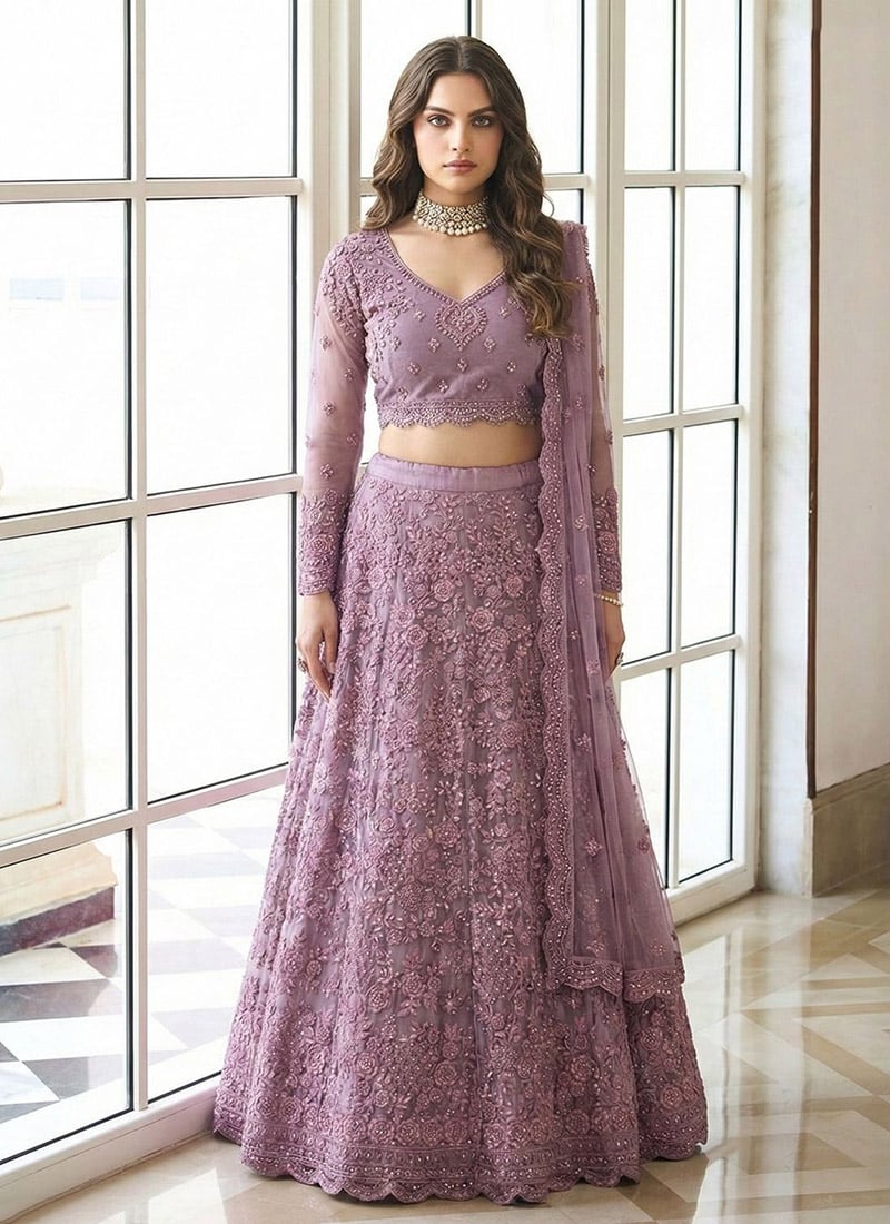Light Purple Net Embroidered Sequins A Line Lehenga Wedding Wear