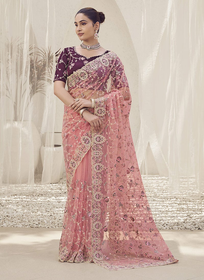 Light Purple Net Embroidered Zari Saree Wedding Wear